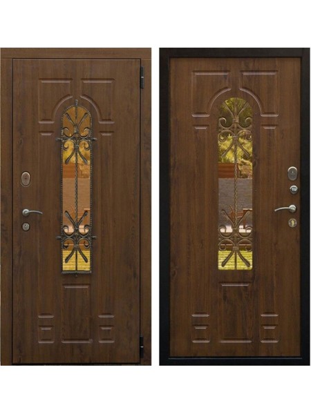 Входная уличная дверь Снедо Лацио 3К с окном и ковкой (Грецкий орех / Грецкий орех)