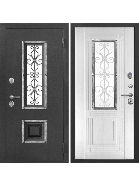 Металлическая входная дверь Цитадель Венеция Серебро Белый ясень со стеклом и ковкой