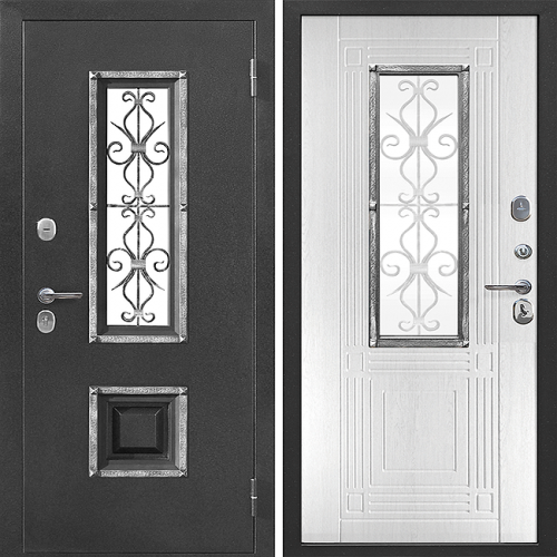 Металлическая входная дверь Цитадель Венеция Серебро Белый ясень со стеклом и ковкой