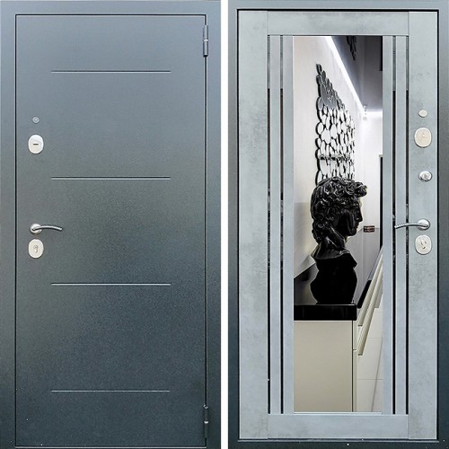 Металлическая входная дверь Престиж Люкс с зеркалом Бетон