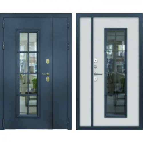 Входная дверь Континент — Тичино серая двухстворчатая с ковкой и стеклопакетом