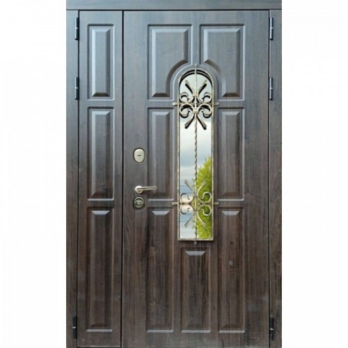 Входная дверь Континент — Лион Темный орех двухстворчатая с ковкой и стеклопакетом