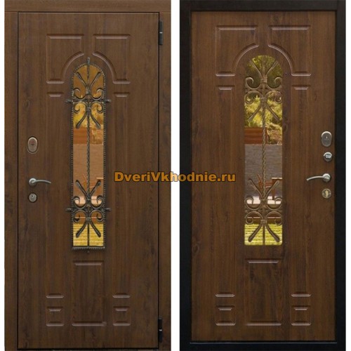 Входная уличная дверь Снедо Лацио 3К с окном и ковкой (Грецкий орех / Грецкий орех)
