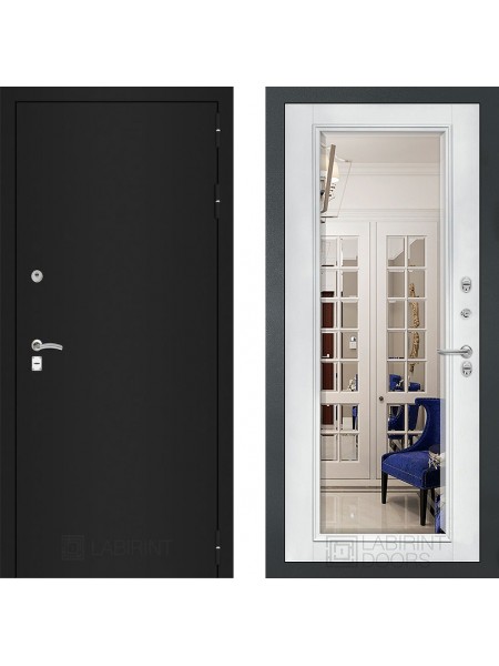 Дверь Лабиринт (LABIRINT) Classic шагрень черная Зеркало Фацет с багетом Белый софт