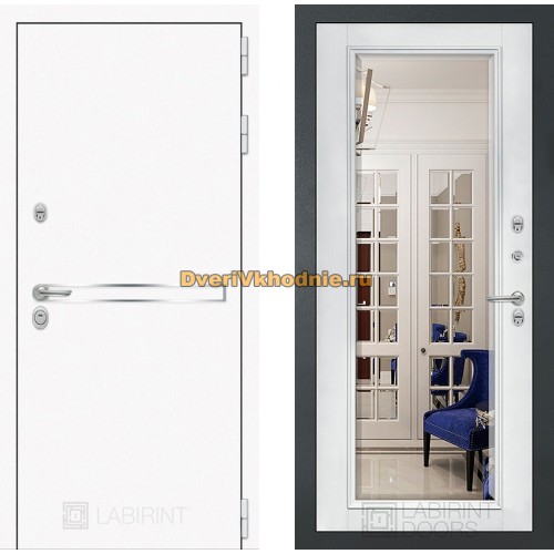 Дверь Лабиринт (LABIRINT) Лайн White Зеркало Фацет с багетом Белый софт